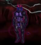  abs absurd_res areola armor balls bare_chest black_armor blue_hair clothing dark_areola demon flaccid footwear genitals glowing glowing_body grape_shifter hair harness hell hi_res high_heels horn humanoid_pointy_ears intersex intersex/intersex long_hair muscular pecs penis pink_eyes pink_horn purple_body purple_skin red_sky revi sky soldier solo spade_tail spiked_shoulderpads spikes warrior 