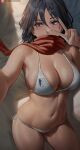  1girl black_hair blue_eyes bra breasts commentary highres large_breasts looking_at_viewer mikasa_ackerman panties patreon_username red_scarf scarf selfie shexyo shingeki_no_kyojin short_hair solo underwear underwear_only v white_bra white_panties 