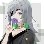  1boy androgynous border covering_mouth eyepatch finger_to_mouth grey_background grey_hair grey_robe long_hair looking_at_viewer male_focus purple_eyes robe ruma_(technoroid) shenaa shushing solo technoroid translation_request white_border 