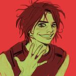  1boy black_hair black_shirt brown_eyes colored_eyelashes commentary english_commentary facial_hair gerard_way hand_up looking_at_viewer messy_hair my_chemical_romance open_hand red_background shirt skcd_loen sketch sleeveless sleeveless_shirt smile stubble teeth upper_body upper_teeth_only 