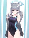  1girl adjusting_hair animal_ear_fluff animal_ears blue_archive blue_eyes blue_one-piece_swimsuit breasts cardigan collarbone covered_navel grey_hair groin hair_ornament hairpin halkawa501 halo highres medium_breasts mismatched_pupils off_shoulder one-piece_swimsuit open_cardigan open_clothes shiroko_(blue_archive) shiroko_(swimsuit)_(blue_archive) solo swimsuit wolf_ears 
