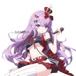  1girl absurdres arm_garter bare_shoulders black_shirt bow breasts crop_top crop_top_overhang crown hair_bow hand_up highres holding holding_microphone long_hair looking_at_viewer microphone midriff mini_crown miniskirt navel original parted_lips plaid_clothes plaid_skirt pleated_skirt purple_eyes purple_hair red_crown red_skirt shirt simple_background skirt sleeveless sleeveless_shirt solo stomach striped_clothes striped_thighhighs thighhighs torn_clothes torn_shirt underboob very_long_hair white_background white_thighhighs wing_collar youtanhuayuan255 