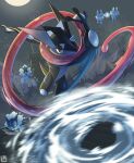  2025 acecore2k afterimage black_skin blue_skin closed_eyes colored_sclera colored_skin commentary creature creature_focus english_commentary froakie frog frogadier greninja highres hydrokinesis kuji-in long_tongue motion_blur night ninja no_humans pokemon pokemon_(creature) pokemon_focus red_eyes throwing tongue tongue_scarf very_long_tongue water webbed_feet webbed_hands yellow_sclera 
