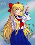  1girl ;p aino_minako bangs bishoujo_senshi_sailor_moon blonde_hair blue_eyes blue_sailor_collar blue_skirt bow breast_pocket closed_mouth earrings hair_bow jewelry long_hair long_sleeves medium_skirt midriff_peek neckerchief one_eye_closed pleated_skirt pocket red_bow red_neckerchief rollychanart sailor_collar school_uniform serafuku shiba_koen_middle_school_uniform shirt skirt smile solo stud_earrings tongue tongue_out v white_shirt 