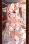  1girl absurdres animal_ears bare_shoulders blush breasts fox_ears fox_tail highres long_hair looking_at_viewer ml04_(malang22) multiple_tails tail thighhighs thighs 