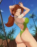  1girl :3 ahoge artist_name ass back barleyshake breasts brown_hair closed_mouth covered_nipples cowboy_shot curvy delia_ketchum fence forehead from_behind green_one-piece_swimsuit hair_intakes highres huge_ass large_breasts looking_back looking_to_the_side mature_female nape one-piece_swimsuit one_eye_closed orange_eyes outdoors palm_tree pokemon pokemon_(anime) pokemon_(classic_anime) ponytail shirt showering shrug_(clothing) skin_tight sky smile solo swimsuit thong_swimsuit tree water wet wet_clothes wet_shirt white_shirt wide_hips wooden_fence 