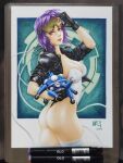  1girl art_tools_in_frame ass black_jacket ghost_in_the_shell ghost_in_the_shell:_stand_alone_complex goggles goggles_on_head highres jacket kunkka kusanagi_motoko leotard medium_hair non-humanoid_robot photo_(medium) purple_hair robot solo_focus strapless strapless_leotard subdermal_port tachikoma white_leotard 