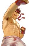  1boy abs armpit_hair armpits bad_id bad_twitter_id bara boxing_gloves brown_hair facial_hair fingerless_gloves foreshortening from_below frown gloves large_pectorals male_focus mature_male muscular muscular_male navel nipples obliques pants pectorals perspective ryu_(street_fighter) short_hair sideburns solo stomach stubble thick_eyebrows topless_male training usada_(usaddd) white_pants 