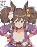  1girl animal_ears blue_eyes bow bracelet breasts brown_hair chest_sarashi cleavage closed_mouth collarbone fox_mask green_eyes hair_between_eyes hair_bow horse_ears horse_girl inari_one_(inari_yukari_edomurasaki)_(umamusume) inari_one_(umamusume) japanese_clothes jewelry kimono large_breasts long_hair looking_at_viewer mask mask_on_head purple_kimono sarashi scrunchie solo toriga_naku twintails umamusume wrist_scrunchie 