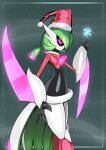  ambiguous_gender arm_blades black_sclera blade_arm captainkirb christmas christmas_clothing christmas_headwear clothing future_pokemon generation_9_pokemon glowing glowing_eyes green_hair hair hat headgear headwear hi_res holidays humanoid iron_valiant metallic_body nintendo paradox_pokemon pink_eyes pokemon pokemon_(species) santa_hat snowflake solo white_body 