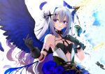  1girl amane_kanata angel_wings arm_strap bangs bare_arms bare_shoulders belt black_collar black_gloves blue_flower blue_hair blue_rose blue_wings bra chest_harness collar colored_inner_hair crossed_bangs double_bun dress_flower fallen_angel feathered_wings flat_chest flower gloves grey_hair hair_bun halo hand_on_own_chest harness high-waist_skirt highres hololive hototogisu_(hot_to_gis) multicolored_hair o-ring official_alternate_costume official_alternate_hair_length official_alternate_hairstyle purple_eyes purple_hair rose sideways_glance single_hair_intake skirt solo star_halo strapless strapless_bra streaked_hair underwear virtual_youtuber wings 