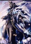  1boy black_coat black_helmet black_pants black_shirt blue_fur capitano_(genshin_impact) clawed_gauntlets coat commentary_request feet_out_of_frame flower fur-trimmed_collar fur_trim genshin_impact hand_on_own_chest helmet highres holding holding_sword holding_weapon male_focus outstretched_arms pants shirt solo standing sword uouzzz weapon white_flower 