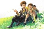  2boys arm_around_shoulder blurry blurry_foreground boots braid brown_eyes brown_hair cape claude_von_riegan cyril_(fire_emblem) dark-skinned_male dark_skin eye_contact fire_emblem fire_emblem:_three_houses garreg_mach_monastery_uniform grass green_eyes hand_up leaf looking_at_another looking_to_the_side male_focus multiple_boys open_mouth shiroi_(shiroicbe) short_hair shorts side_braid sitting talking wind wrist_wrap 