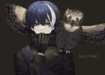  1boy animal_on_shoulder auru_(technoroid) bird bird_on_shoulder blue_eyes blue_hair covering_mouth gloves heterochromia jacket jasu long_sleeves looking_at_viewer male_focus multicolored_hair owl red_eyes short_hair solo technoroid white_hair 