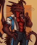  anthro brown_body claws clothing defiant_drills dragon hellebore_(defiant_drills) hi_res looking_at_viewer muscular_arms red_body red_scales scales scalie smile tail topwear white_clothing white_topwear wings yellow_sclera yellow_wings 