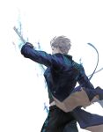  1boy absurdres arm_up black_gloves black_pants blue_coat coat devil_may_cry_(series) devil_may_cry_5 drawing_sword floating_clothes from_behind gloves grey_hair hair_slicked_back hashtag-only_commentary highres holding holding_sword holding_weapon katana long_sleeves male_focus ny_wdmc pants short_hair solo sword two-sided_coat two-sided_fabric vergil_(devil_may_cry) weapon white_background 