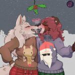  2022 anthro bear breasts breath brown_body brown_fur canid carly_bear clothing cupcakecarly digital_media_(artwork) duo eyes_closed female fur hair hi_res holly_(plant) kissing mammal outside pink_hair plant smile snow snowman sweater tongue tongue_out topwear tsarina 