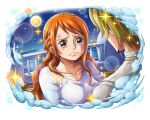  1boy 1girl blonde_hair brown_eyes crying crying_with_eyes_open full_moon long_hair moon nami_(one_piece) official_art one_piece one_piece_treasure_cruise orange_hair sanji_(one_piece) shirt tears white_shirt 