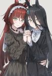  2girls alternate_costume animal_ears black_corset black_dress black_hair black_jacket black_nails black_skirt black_vest blunt_bangs blunt_ends blunt_sidelocks blush ci4 closed_mouth commentary_request corset dress gothic_lolita hair_between_eyes hairband hand_on_another's_waist highres holding_hands horse_ears horse_girl horse_tail interlocked_fingers jacket lolita_fashion long_bangs long_hair manhattan_cafe_(umamusume) multiple_girls red_desire_(umamusume) red_hair red_hairband red_nails shirt sidelocks skirt smile tail umamusume vest white_shirt yellow_eyes 
