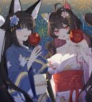  2girls :3 animal_ear_fluff animal_ears bangs bare_shoulders black_hair blue_eyes blue_kimono blunt_bangs breasts brown_hair candy_apple cat_ears cat_girl cat_tail collarbone colored_inner_hair fang fireworks flower food fox_ears fox_girl fox_tail hair_flower hair_ornament highres holding holding_food indie_virtual_youtuber japanese_clothes kimono large_breasts long_hair looking_at_viewer minaowa mole mole_on_breast mole_under_eye multicolored_hair multiple_girls night no_bra obi off_shoulder open_mouth red_eyes sakae_izumi sash second-party_source seductive_smile slit_pupils smile tail very_long_hair virtual_youtuber wavy_hair white_kimono yoru_(0_0yoru) 