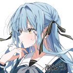  1girl absurdres bang_dream! bang_dream!_it's_mygo!!!!! black_ribbon blue_hair blue_shirt blush chinese_commentary commentary_request grey_neckerchief hair_intakes hair_ornament hair_ribbon hanchan540 hand_up highres long_hair long_sleeves neckerchief parted_lips portrait ribbon school_uniform shirt sidelocks simple_background solo sweat togawa_sakiko tsukinomori_school_uniform white_background yellow_eyes 