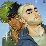  2boys antonio_leon_mars_(skcd_loen) beard_stubble black_eyes black_hair blonde_hair blue_background blue_hoodie bridge_piercing buzz_cut cigarette closed_mouth colin_jones_(skcd_loen) crescent crescent_earrings dutch_angle earbuds earphones earrings english_commentary eyebrow_cut face_piercing facial_hair goatee_stubble green_eyes green_hair green_jacket hashtag-only_commentary highres hood hoodie jacket jewelry looking_at_viewer looking_to_the_side mouth_hold multicolored_hair multiple_boys mustache_stubble one_eye_closed open_clothes open_hoodie original piercing portrait ring_piercing shared_earphones shirt short_hair sideburns_stubble skcd_loen sparkle split-color_hair stubble tan thick_eyebrows two-tone_hair v v_over_mouth very_short_hair wavy_ends white_shirt 
