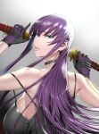  blue_eyes breasts busujima_saeko choker fei_(maidoll) gloves highres highschool_of_the_dead katana large_breasts lipstick long_hair looking_at_viewer makeup purple_hair sword very_long_hair weapon 