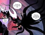 2025 ambiguous_gender anthro arthropod artist_name biped black_body black_eyes cloak clothing comic dialogue digital_media_(artwork) duo empty_eyes english_text enquaston female_(lore) glomp glomp_(sound_effect) half_sister_(lore) happy hi_res hollow_knight:_silksong hollow_knight_(franchise) hornet's_needle hornet_(hollow_knight) hug insect lake laugh onomatopoeia red_cloak red_clothing reunion sibling_(lore) signature size_difference sound_effects speech_bubble surprised team_cherry tentacles text the_knight_(hollow_knight) vessel_(species) void_(hollow_knight) white_body