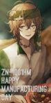  1boy android brown_eyes brown_hair character_name dated green_eyes happy_birthday headband highres jasu looking_at_viewer male_focus multicolored_eyes open_mouth short_hair smile solo technoroid zin_(technoroid) 