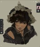  1other androgynous art_program_in_frame bare_shoulders black_eyes black_hair black_hat black_shirt closed_mouth collarbone collared_shirt cropped_torso eyelashes frilled_headwear grey_background hair_between_eyes happy hat hatsburg highres hood hood_down hooded_jacket jacket len'en lipstick looking_at_viewer loose_hair_strand makeup mob_cap open_clothes open_jacket other_focus procreate_(medium) procreate_(software) purple_jacket realistic red_lips shirt shitodo_kuroji short_hair simple_background sleeveless sleeveless_shirt smile solo triangular_headpiece 