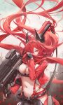 1girl aeon_ion anti-materiel_rifle black_gloves clothing_cutout commentary_request covering_own_mouth cropped_jacket gloves goddess_of_victory:_nikke gun highres hip_vent holding holding_gun holding_weapon horns jacket latex_bikini leather leather_jacket leather_pants leg_cutout long_hair long_sleeves mechanical_horns navel pants red_hair red_hood_(nikke) red_jacket red_scarf rifle scarf sniper_rifle solo unzipped very_long_hair weapon yellow_eyes 