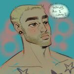  1boy ? aqua_background beard_stubble blonde_hair bridge_piercing brown_eyes bubble_background buzz_cut chest_tattoo colin_jones_(skcd_loen) commentary english_text face_piercing facial_hair freckles hashtag-only_commentary looking_ahead original piercing pink_background plug_(piercing) portrait short_hair sideburns_stubble skcd_loen sketch speech_bubble star_(symbol) star_tattoo stubble tattoo thick_eyebrows thought_bubble two-tone_background very_short_hair 