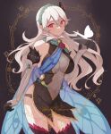  1girl bangs bare_shoulders black_panties breasts cleavage corrin_(female)_(fire_emblem) corrin_(fire_emblem) detached_sleeves fffera fire_emblem fire_emblem_fates fire_emblem_heroes gloves hair_between_eyes hairband highres large_breasts long_hair looking_at_viewer midriff navel official_alternate_costume panties panty_straps pointy_ears red_eyes see-through smile solo thighhighs underwear white_hair 