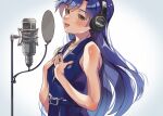  1girl anjerain blue_hair blue_nails blush brand_name_imitation brown_eyes fingernails floating_hair hands_on_own_chest headphones highres idolmaster idolmaster_(classic) kisaragi_chihaya lips long_hair microphone music nail_polish open_mouth singing sleeveless solo the_first_take upper_body 