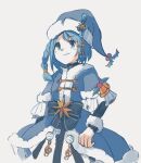  1girl alow alternate_costume bell blue_dress blue_eyes blue_hair blue_hat braid commentary dress fortissimo fur-trimmed_dress fur-trimmed_sleeves fur_trim hair_ornament hat highres mahou_shoujo_madoka_magica miki_sayaka musical_note musical_note_hair_ornament side_braid simple_background smile solo white_background 
