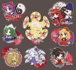  1boy 1other 6+girls :o ;) barefoot bat_wings black_background black_hair black_sandals blonde_hair blue_dress blue_hair blue_hat blue_skirt blush bow bowtie brown_horns brown_shoes cape character_name chibi chibi_only closed_mouth commentary_request dress elis_(touhou) full_body ghost_tail green_eyes green_hair hair_bow hair_ribbon hakurei_reimu hakurei_reimu_(pc-98) hat highly_responsive_to_prayers highres holding holding_sword holding_wand holding_weapon horns japanese_clothes kikuri_(touhou) kimono konngara_(touhou) long_hair long_sleeves looking_at_viewer mima_(touhou) mirei_(miirei) multiple_girls multiple_wings one_eye_closed open_mouth orb outline own_hands_together parted_bangs pointy_ears purple_eyes purple_hair purple_wings red_bow red_bowtie red_cape red_eyes red_horns red_kimono red_ribbon red_skirt red_vest ribbon sandals sariel_(touhou) seraph shingyoku_(female) shingyoku_(male) shingyoku_(orb) shingyoku_(touhou) shoes short_hair simple_background single_horn skirt skirt_set smile socks standing sword touhou touhou_(pc-98) translated vest wand weapon white_hat white_outline white_socks wings yin_yang yin_yang_orb yuugenmagan 