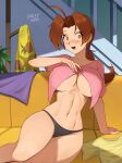 1girl @_@ ahoge arm_support bangs barleyshake black_panties blush breasts brown_hair cloak collarbone couch covered_nipples cowboy_shot curvy delia_ketchum forehead hair_intakes highres indoors large_breasts linea_alba looking_at_viewer mature_female on_couch open_mouth orange_eyes panties parted_bangs pokemon pokemon_(anime) pokemon_(classic_anime) ponytail sanpaku smile solo underboob underwear wide_hips 