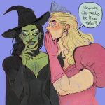  2boys ? antonio_leon_mars_(skcd_loen) arm_hair black_dress black_eyeliner black_hair black_hat blonde_hair braid braided_ponytail bridge_piercing chest_hair chest_tattoo cocked_eyebrow colin_jones_(skcd_loen) collar colored_skin commentary cosplay covering_own_mouth crossdressing crossdressing_(mtf) crown drag_queen dress ear_piercing elbow_gloves elphaba_thropp elphaba_thropp_(cosplay) english_commentary english_text eyebrow_cut eyeliner eyeshadow face_piercing facial_hair finger_to_mouth fingernails frilled_collar frills gloves good_witch_of_the_north good_witch_of_the_north_(cosplay) green_eyeshadow green_nails green_skin grey_crown hair_slicked_back hat juliet_sleeves long_fingernails long_sleeves looking_at_another looking_to_the_side makeup multiple_boys original piercing pink_dress pink_eyeshadow pink_gloves plug_(piercing) plunging_neckline profile puffy_short_sleeves puffy_sleeves purple_background ring_piercing short_sleeves simple_background skcd_loen sketch smile speech_bubble star_(symbol) star_tattoo stubble sweatdrop tattoo teeth thick_lips upper_body wicked witch witch_hat 