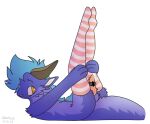  anthro big_tail blue_body blue_hair bodily_fluids bottomwear clothing cum dragon egg_vibrator footwear fur furred_dragon genital_fluids girly hair horn legs_up legwear legwear_only male masturbation orange_eyes pattern_bottomwear pattern_clothing sex_toy smile socks solo striped_bottomwear striped_clothing stripes tail thigh_highs thigh_socks vibrator zertyz zertyz_(character) 