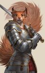  anthro armor big_tail brown_body brown_fur caraid clothed clothing female fluffy fluffy_tail fully_clothed fur green_eyes hi_res holding_object holding_sword holding_weapon knight looking_at_viewer mammal melee_weapon pink_nose rodent sciurid solo sword tail tree_squirrel warrior weapon whiskers 