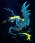 2025 ambiguous_gender aquatic_dragon bioluminescence blue_body blue_markings bubble digital_drawing_(artwork) digital_media_(artwork) digital_painting_(artwork) dragon feral fin fish floating glowing glowing_markings hi_res ingridskogstad long_body male_(lore) marine markings mythological_creature mythological_scalie mythology paint_tool_sai_(artwork) painting_(artwork) reptile scalie sea_turtle serpentine serpentine_dragon solo swimming turtle underwater water wings yellow_markings