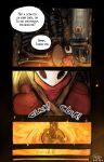 2025 ambiguous_gender anthro arthropod artist_name ballow_(hollow_knight:_silksong) biped black_body black_eyes cave cloak clothing comic dialogue digital_media_(artwork) duo empty_eyes english_text enquaston female_(lore) hi_res hollow_knight:_silksong hollow_knight_(franchise) hornet's_needle hornet_(hollow_knight) insect lava male_(lore) offscreen_character onomatopoeia red_cloak red_clothing signature solo sound_effects speech_bubble team_cherry text white_body