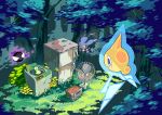 blue_eyes budew closed_mouth day electric_fan fang flying forest full_body gastly highres kamoruto leaf looking_at_another microwave misdreavus nature no_humans open_mouth outdoors overgrown plant pokemon pokemon_(creature) profile red_eyes refrigerator rotom rotom_(normal) rust smile tree v-shaped_eyes vines washing_machine 