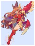  1girl armor blue_background boots breasts covered_navel feathered_wings gloves highres jesternalagon large_breasts leotard long_hair looking_at_viewer open_mouth orange_hair original red_boots red_leotard red_wings solo sparkle thigh_boots very_long_hair wings yellow_wings 