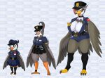 absurd_res anthro beak big_breasts bottomwear breasts clothing female generation_4_pokemon group hat headgear headwear hi_res medal nintendo pokeball pokemon pokemon_(species) police police_hat police_uniform red_eyes shirt shorts skirt staraptor staravia starly topwear trio uniform urusee584 white_eyes wings
