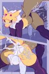 anal anthro artist_name balls bandai_namco bent_over big_balls big_penis bodily_fluids canid canine clothing clothing_aside cum cum_in_ass cum_inside digimon digimon_(species) disembodied_penis dripping excessive_cum excessive_genital_fluids foreskin fox from_behind_position fur genital_fluids genitals hi_res horn leaking_precum legwear male male_penetrated mammal panties panties_aside penetration penis plap plap_(sound) precum precum_drip purple_clothing purple_legwear purple_panties purple_thigh_highs purple_thong purple_underwear q_(raishiteru) raishiteru rear_view renamon sex shrug_(clothing) silhouette silhouetted_penis spread_legs spreading tail text thigh_highs thong thong_aside underwear underwear_aside white_body white_fur yellow_body yellow_fur