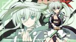  1girl black_gloves black_leotard blush closed_mouth einhard_stratos fingerless_gloves gloves green_hair hair_ribbon heterochromia highres leotard long_hair lyrical_nanoha magical_girl mahou_shoujo_lyrical_nanoha_vivid oshimaru026 ribbon side_ponytail signature solo 