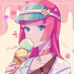  1boy androgynous blue_eyes choker double_scoop food hat highres holding_ice_cream ice_cream ice_cream_cone long_hair looking_at_viewer male_focus multicolored_eyes neon_(technoroid) pink_choker pink_eyes pink_hair shenaa solo technoroid white_background 