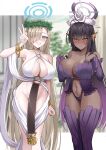  2girls asuna_(blue_archive) bare_shoulders black_hair blue_archive blue_eyes blue_halo blush bracelet breasts celestine_lucullus celestine_lucullus_(cosplay) cleavage collarbone cosplay dark-skinned_female dark_skin detached_sleeves dress earrings frown gradient_hair grin groin gzanth hair_between_eyes hair_over_one_eye halo highleg highleg_panties highres jewelry karin_(blue_archive) kuroinu_~kedakaki_seijo_wa_hakudaku_ni_somaru~ large_breasts laurel_crown long_hair looking_at_viewer mole mole_on_breast multicolored_hair multiple_girls navel no_panties o-ring o-ring_top olga_discordia olga_discordia_(cosplay) panties pointy_ears pubic_tattoo purple_hair purple_halo purple_panties purple_shirt purple_thighhighs revealing_clothes shirt smile tattoo thighhighs thighs underwear v very_long_hair white_dress yellow_eyes 