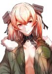  1girl boushi-ya breasts brown_eyes choker fur_trim green_jacket jacket johnston_(kancolle) kantai_collection light_brown_hair long_hair long_sleeves medium_breasts simple_background solo two_side_up underwear united_states_medal_of_honor upper_body white_background 